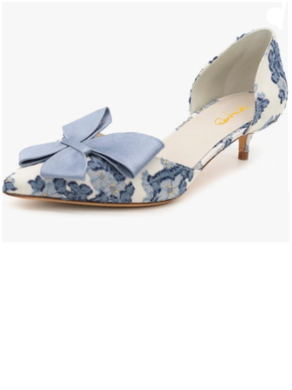 XYD Blue/White Bloom Embroidery D'Orsay Kitten Heel Bridal Bowknot Pumps